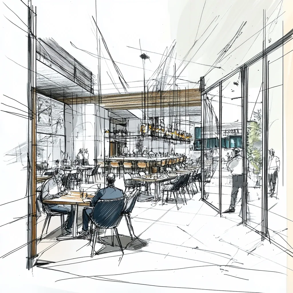 Schizzo architettonico STUDIOFORMA · sala locale somministrazione · bancone e tavoli stile wireframe