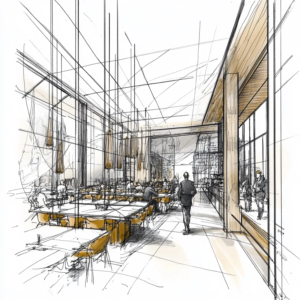 Schizzo architettonico STUDIOFORMA · interno locale · prospettiva sala con vetrate stile sketch