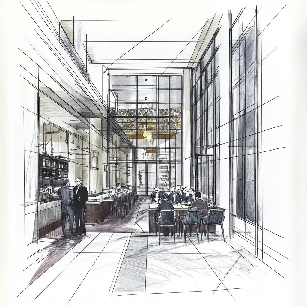 Schizzo architettonico STUDIOFORMA · ingresso locale doppia altezza · figure in primo piano stile acquerello